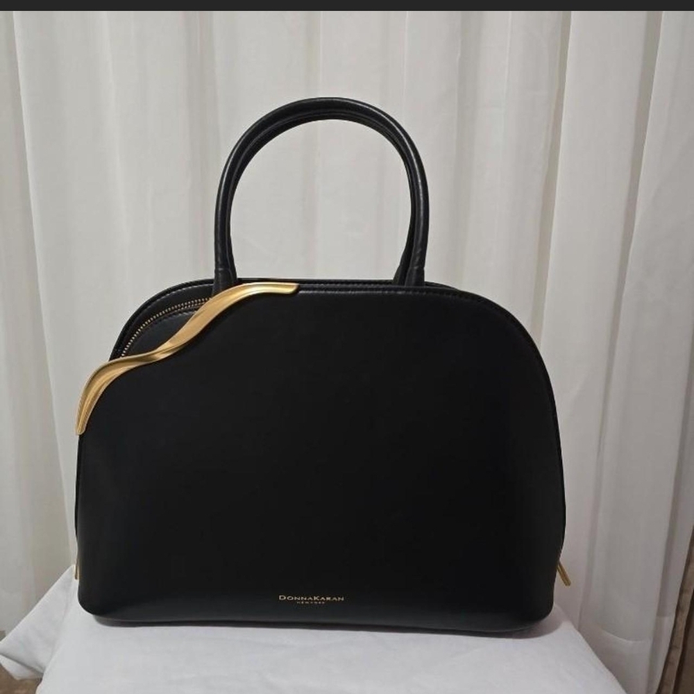 Donna Karan Black Leather Dome Satchel with Gold Accent - Picture 6 of 8